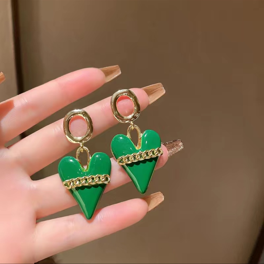 Green Heart Drop Earrings Heart Dangling Earrings